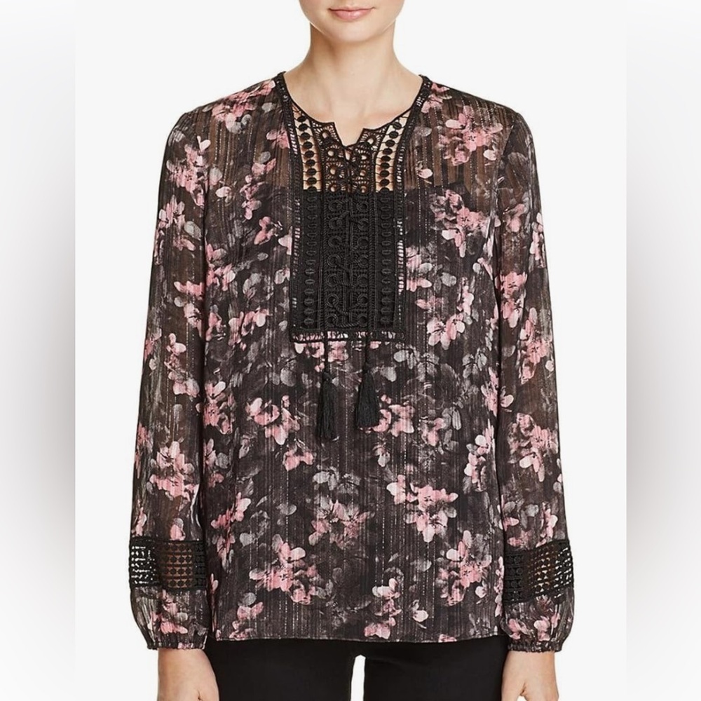 T Tahari Linda Lace Up Sheer Floral Peasant Blouse Crochet Trim Black Pink XL